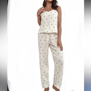 Women's Cream W/ “Cherries” 2 Piece Camisole V-Neck Pajama Lounge Set XL